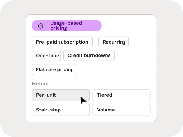 Maxio pricing interface example for usage-based pricing, per-unit and tiered options.