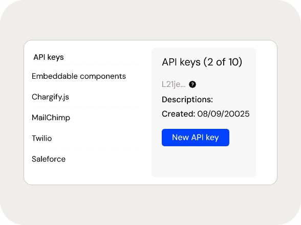 Maxio API keys dashboard showing embedded components and key details.