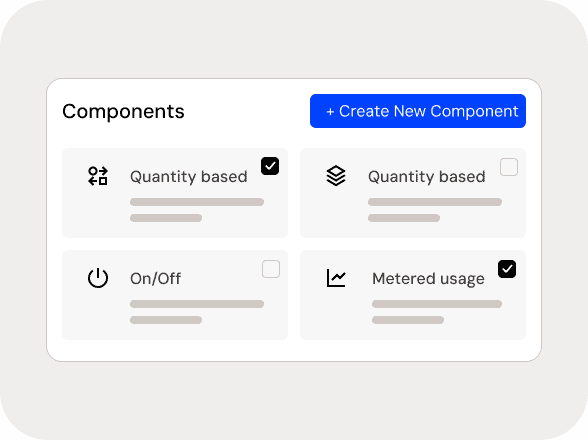 Maxio product components interface showing quantity based and metered usage options.