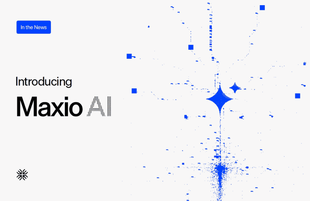 Maxio AI logo with digital data visualization background.