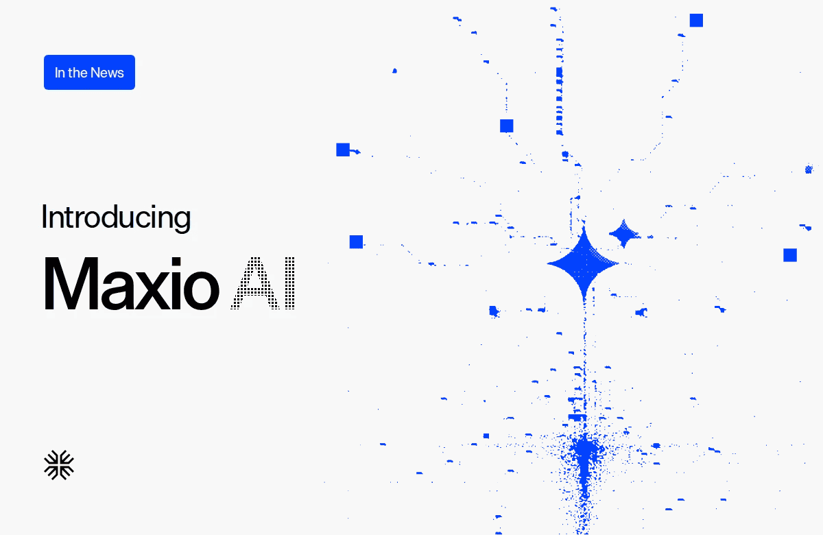 Maxio AI logo with digital data visualization background.