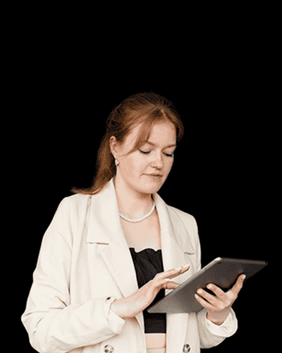 Businesswoman using tablet for data analysis and decision making.